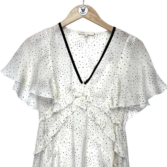 MAJE Racky Dress Sz XS Star Print Ruffle Midi Ivory Black Celestial Whimsigoth - Picture 1 of 8